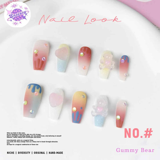 Handmade Wearable Cute Gummy Bear Spring/Summer Dopamine Nails in Long Stiletto & Short Round Styles - SNSEASY