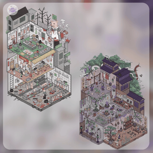 Chinese Horror Series – Plus Size 3D Sticker Scenes - 2 Theme Sets: Horror Pork Shop | Creepy Insect Shop