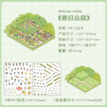 Four Seasons Amusement Park 3D Scene Sticker 4 Theme Sets: Spring Park | Water Park | Autumn Amusement Park | Winter Wonderland