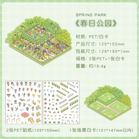 Four Seasons Amusement Park 3D Scene Sticker 4 Theme Sets: Spring Park | Water Park | Autumn Amusement Park | Winter Wonderland