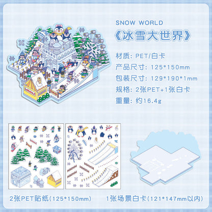 Four Seasons Amusement Park 3D Scene Sticker 4 Theme Sets: Spring Park | Water Park | Autumn Amusement Park | Winter Wonderland