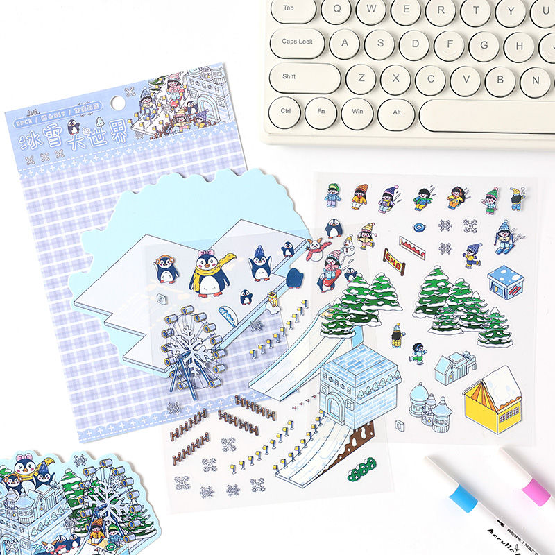Four Seasons Amusement Park 3D Scene Sticker 4 Theme Sets: Spring Park | Water Park | Autumn Amusement Park | Winter Wonderland