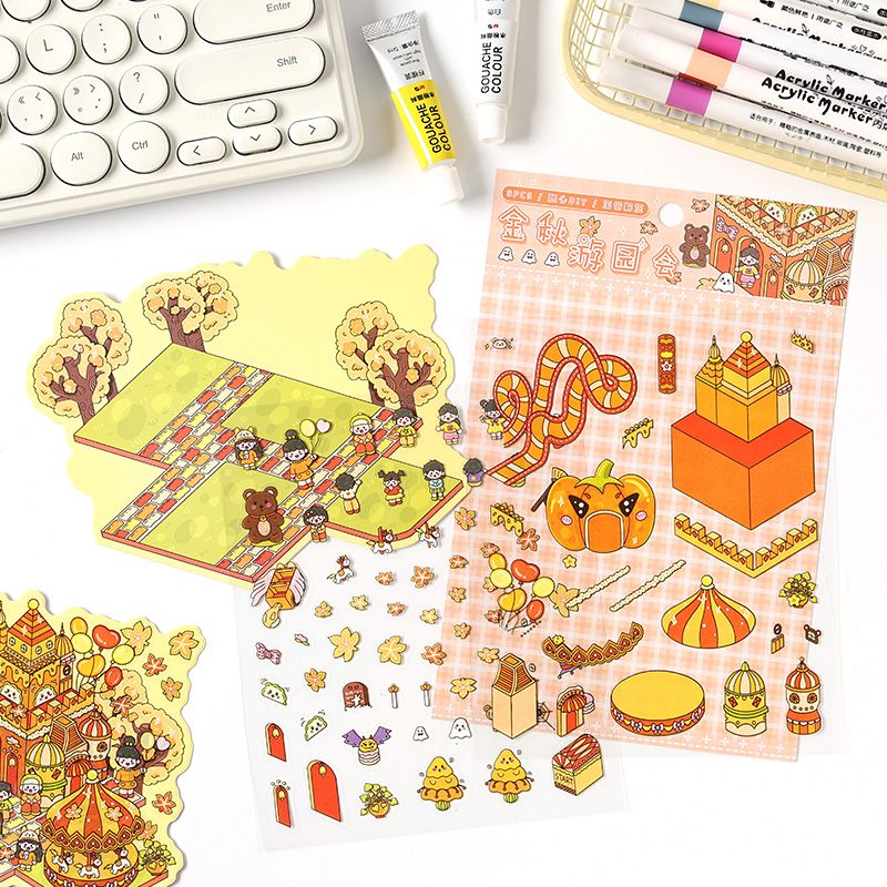 Four Seasons Amusement Park 3D Scene Sticker 4 Theme Sets: Spring Park | Water Park | Autumn Amusement Park | Winter Wonderland