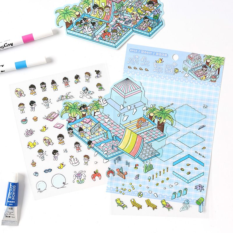 Four Seasons Amusement Park 3D Scene Sticker 4 Theme Sets: Spring Park | Water Park | Autumn Amusement Park | Winter Wonderland