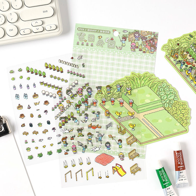 Four Seasons Amusement Park 3D Scene Sticker 4 Theme Sets: Spring Park | Water Park | Autumn Amusement Park | Winter Wonderland