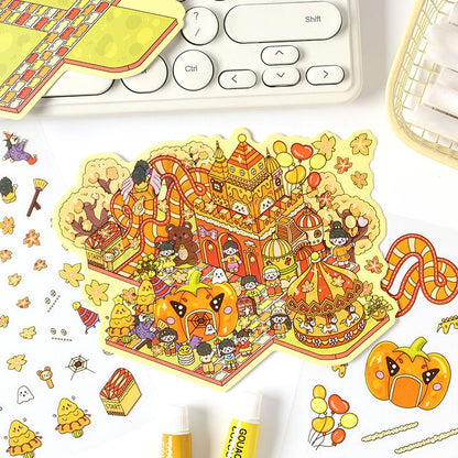 Four Seasons Amusement Park 3D Scene Sticker 4 Theme Sets: Spring Park | Water Park | Autumn Amusement Park | Winter Wonderland