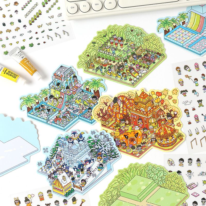 Four Seasons Amusement Park 3D Scene Sticker 4 Theme Sets: Spring Park | Water Park | Autumn Amusement Park | Winter Wonderland