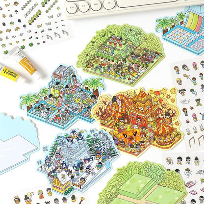 Four Seasons Amusement Park 3D Scene Sticker 4 Theme Sets: Spring Park | Water Park | Autumn Amusement Park | Winter Wonderland