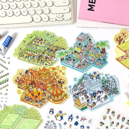 Four Seasons Amusement Park 3D Scene Sticker 4 Theme Sets: Spring Park | Water Park | Autumn Amusement Park | Winter Wonderland