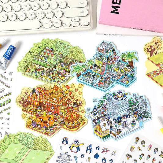 Four Seasons Amusement Park 3D Scene Sticker 4 Theme Sets: Spring Park | Water Park | Autumn Amusement Park | Winter Wonderland