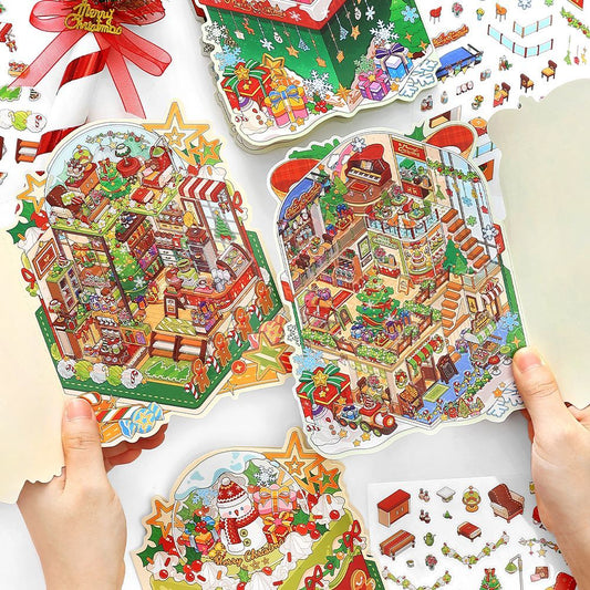 Christmas Cottage 3D Scene Sticker Foldable 4 Theme Sets: Cake House | Apple House | Crystal Ball House | Snow House