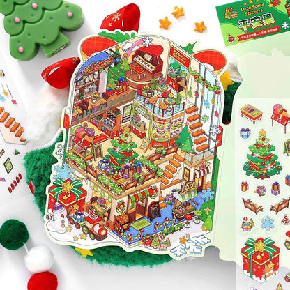 Christmas Cottage 3D Scene Sticker Foldable 4 Theme Sets: Cake House | Apple House | Crystal Ball House | Snow House