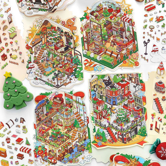 Christmas Cottage 3D Scene Sticker Foldable 4 Theme Sets: Cake House | Apple House | Crystal Ball House | Snow House