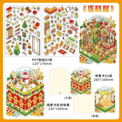 Christmas Cottage 3D Scene Sticker Foldable 4 Theme Sets: Cake House | Apple House | Crystal Ball House | Snow House