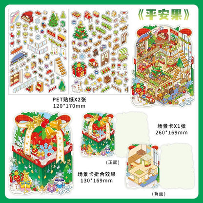 Christmas Cottage 3D Scene Sticker Foldable 4 Theme Sets: Cake House | Apple House | Crystal Ball House | Snow House