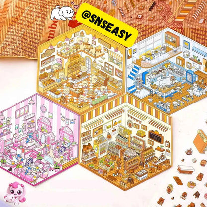 Cute Animal 3D Room Stickers - 4 Theme Sets: Pink Pony House | Bear Bakery | Puppy Restaurant | Capybara Supermarket - SNSEASY