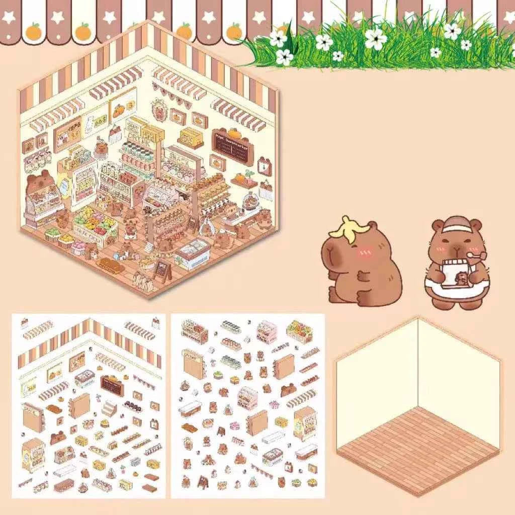 Cute Animal 3D Room Stickers - 4 Theme Sets: Pink Pony House | Bear Bakery | Puppy Restaurant | Capybara Supermarket - SNSEASY