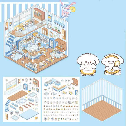 Cute Animal 3D Room Stickers - 4 Theme Sets: Pink Pony House | Bear Bakery | Puppy Restaurant | Capybara Supermarket - SNSEASY