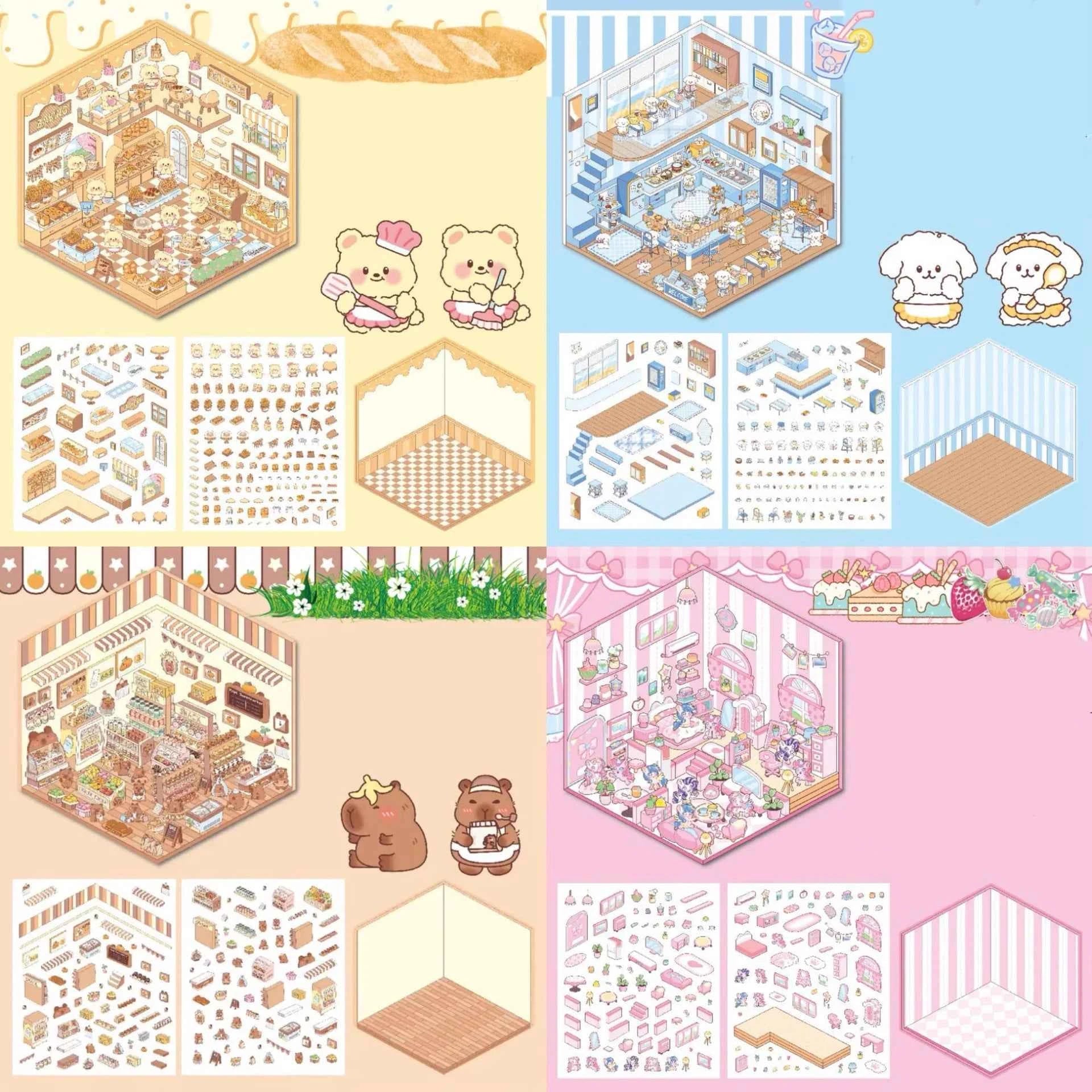 Cute Animal 3D Room Stickers - 4 Theme Sets: Pink Pony House | Bear Bakery | Puppy Restaurant | Capybara Supermarket - SNSEASY
