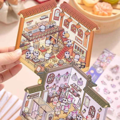 Chinese Style 3D Room Stickers - 4 Theme Sets: Panda Baozi Shop | Panda Hanfu Store | Tea House | Antique Shop - SNSEASY