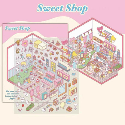 Migi's Happy Summer 3D Room Stickers - 9 Theme Sets: Work Time | Bookstore | Crane Game | Night Market | Izakaya | Tea Restaurant | Sweet Shop | Burger Shop | Hot Pot Restaurant - SNSEASY