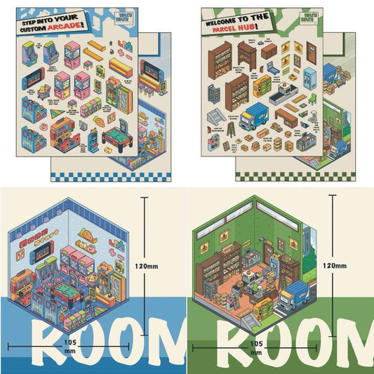 Simulation Business 3D Isometric Room Stickers - 3 Theme Sets: Arcade | Parcel Hub | Record Store - SNSEASY