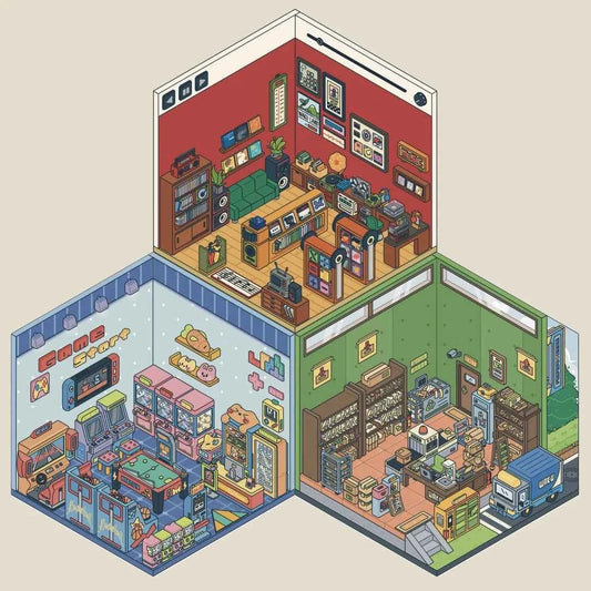 Simulation Business 3D Isometric Room Stickers - 3 Theme Sets: Arcade | Parcel Hub | Record Store - SNSEASY