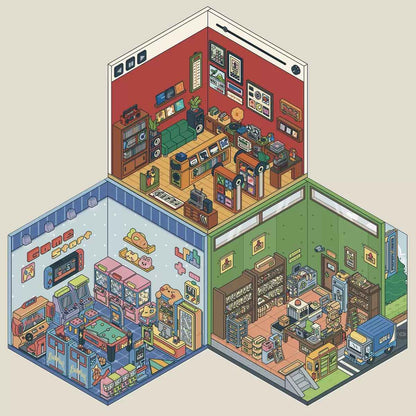 Simulation Business 3D Isometric Room Stickers - 3 Theme Sets: Arcade | Parcel Hub | Record Store - SNSEASY