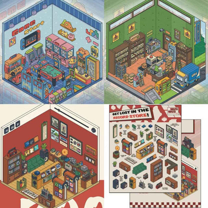 Simulation Business 3D Isometric Room Stickers - 3 Theme Sets: Arcade | Parcel Hub | Record Store - SNSEASY