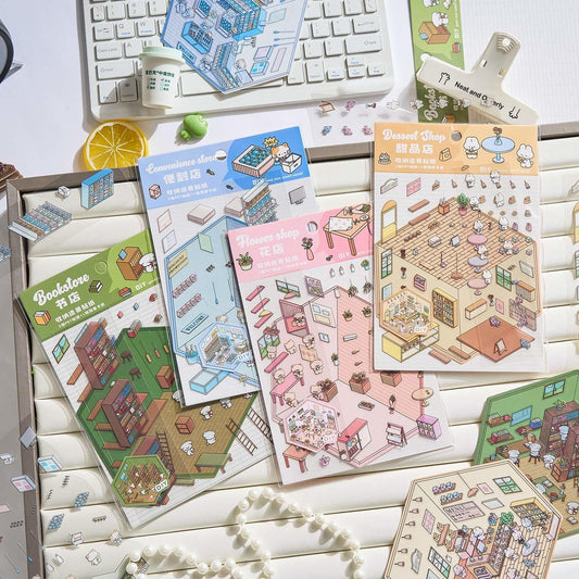 Animal Business 3D Isometric Room Stickers - 4 Theme Sets: Bunny Dessert Shop | Puppy Bookstore | Bear Flower Shop | Kitten Convenience Store