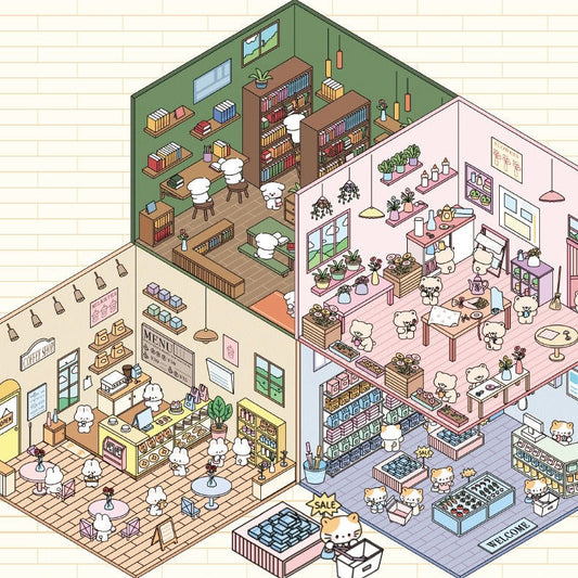 Animal Business 3D Isometric Room Stickers - 4 Theme Sets: Bunny Dessert Shop | Puppy Bookstore | Bear Flower Shop | Kitten Convenience Store