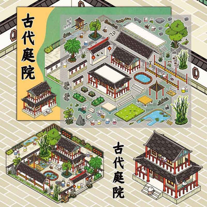 Mysterious Chinese Ancient Architecture 3D Isometric Room Stickers - 2 Theme Sets: Ancient Courtyard | Ancient Marketplace - SNSEASY