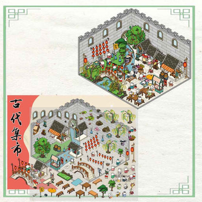 Mysterious Chinese Ancient Architecture 3D Isometric Room Stickers - 2 Theme Sets: Ancient Courtyard | Ancient Marketplace - SNSEASY