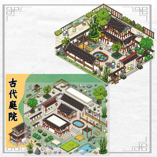 Mysterious Chinese Ancient Architecture 3D Isometric Room Stickers - 2 Theme Sets: Ancient Courtyard | Ancient Marketplace - SNSEASY