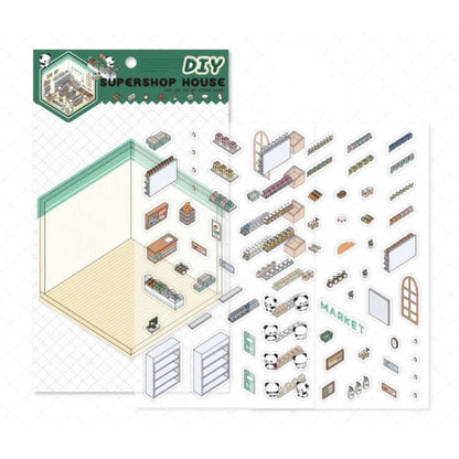 Cute Panda 3D Isometric Room Stickers - 4 Theme Sets: Panda House | Panda Bookstore | Panda Kitchen | Panda Super Shop - SNSEASY