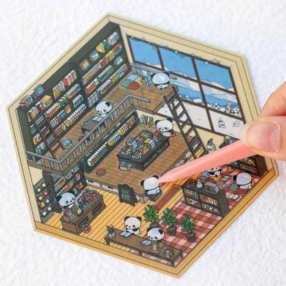 Cute Panda 3D Isometric Room Stickers - 4 Theme Sets: Panda House | Panda Bookstore | Panda Kitchen | Panda Super Shop - SNSEASY