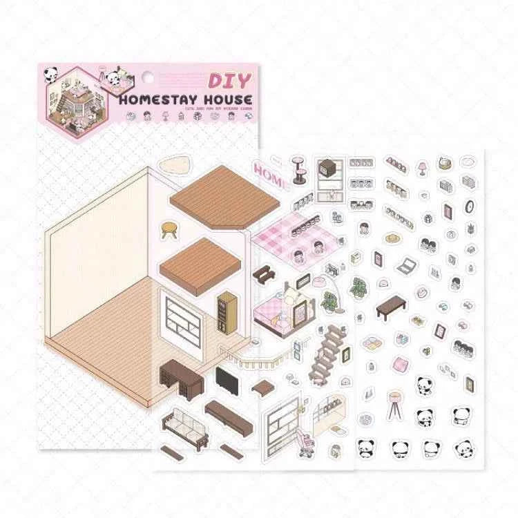 Cute Panda 3D Isometric Room Stickers - 4 Theme Sets: Panda House | Panda Bookstore | Panda Kitchen | Panda Super Shop - SNSEASY