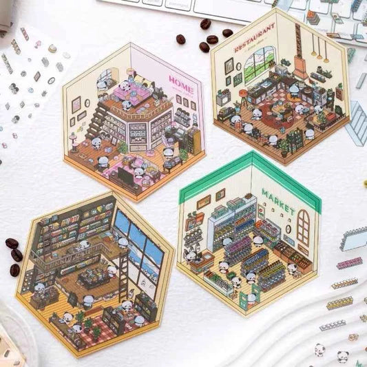 Cute Panda 3D Isometric Room Stickers - 4 Theme Sets: Panda House | Panda Bookstore | Panda Kitchen | Panda Super Shop - SNSEASY