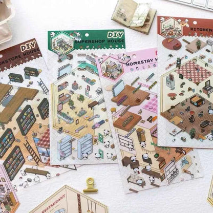 Cute Panda 3D Isometric Room Stickers - 4 Theme Sets: Panda House | Panda Bookstore | Panda Kitchen | Panda Super Shop - SNSEASY