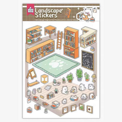Samoyed's Day 3D Isometric Room Stickers - 6 Theme Sets: Samoyed Grocery Store | Samoyed Library | Samoyed Buffet | Samoyed Bakery Shop | Samoyed Bathroom | Panda Room - SNSEASY