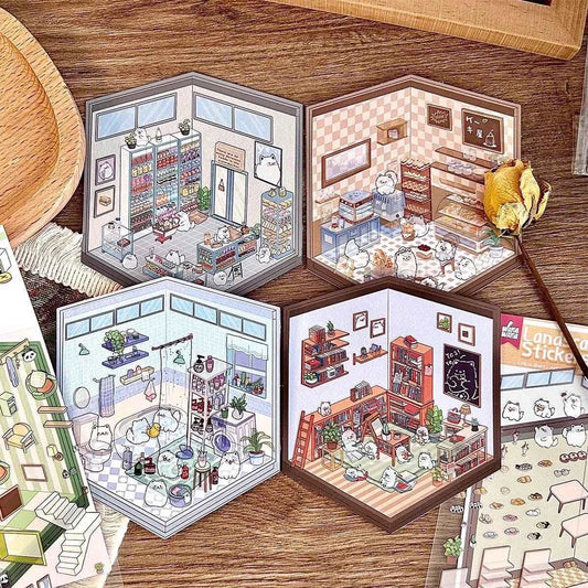 Samoyed's Day 3D Isometric Room Stickers - 6 Theme Sets: Samoyed Grocery Store | Samoyed Library | Samoyed Buffet | Samoyed Bakery Shop | Samoyed Bathroom | Panda Room - SNSEASY