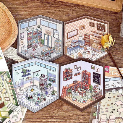 Samoyed's Day 3D Isometric Room Stickers - 6 Theme Sets: Samoyed Grocery Store | Samoyed Library | Samoyed Buffet | Samoyed Bakery Shop | Samoyed Bathroom | Panda Room - SNSEASY