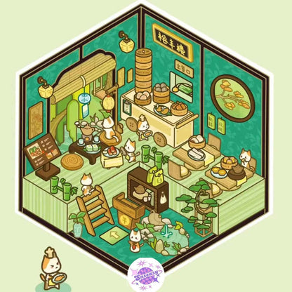 Cute Cat Shop Adventures 3D Isometric Room Stickers - 6 Theme Sets: Cat Burger Shop | Cat Ferris Wheel Sushi | Cat Hot Spring | Cat Pizza Shop | Cat Convenience Store | Cat Snack Restaurant - SNSEASY