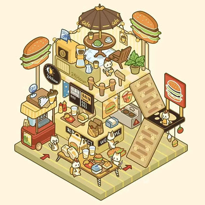Cute Cat Shop Adventures 3D Isometric Room Stickers - 6 Theme Sets: Cat Burger Shop | Cat Ferris Wheel Sushi | Cat Hot Spring | Cat Pizza Shop | Cat Convenience Store | Cat Snack Restaurant - SNSEASY