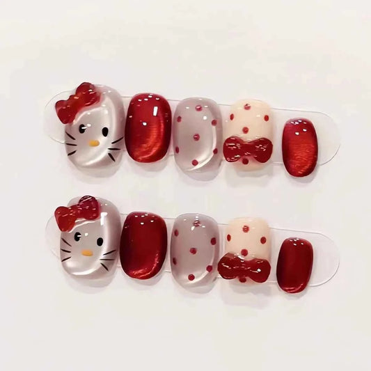 Handmade Wearable Cute Kitty Nail Art (10-Piece Set) – 3 Themes: Hello Kitty | Mocha Kitty | Black Kitty - SNSEASY