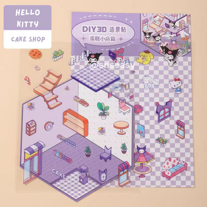 Hello Kitty 3D Isometric Room Stickers - 4 Theme Sets: Hello Kitty Coffee Shop | Hello Kitty Cake Shop | Hello Kitty Bathhouse | Hello Kitty Warm Home - SNSEASY