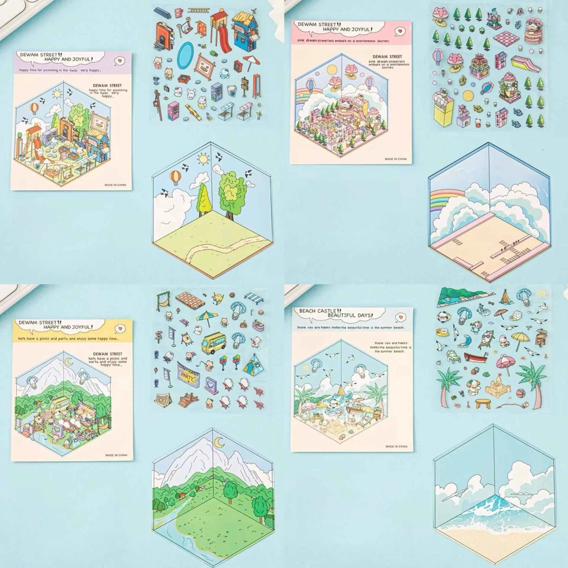 Happy Holiday 3D Isometric Room Stickers - 6 Theme Sets: Picnic | Spring Party | Amusement Park | Beach | Magical Library | Record Store - SNSEASY