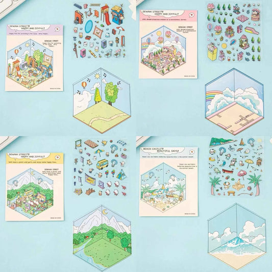 Happy Holiday 3D Isometric Room Stickers - 6 Theme Sets: Picnic | Spring Party | Amusement Park | Beach | Magical Library | Record Store - SNSEASY