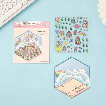 Happy Holiday 3D Isometric Room Stickers - 6 Theme Sets: Picnic | Spring Party | Amusement Park | Beach | Magical Library | Record Store - SNSEASY
