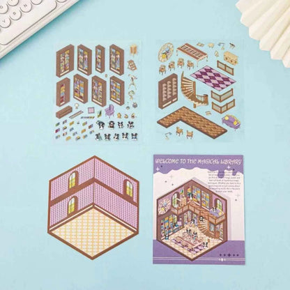 Happy Holiday 3D Isometric Room Stickers - 6 Theme Sets: Picnic | Spring Party | Amusement Park | Beach | Magical Library | Record Store - SNSEASY
